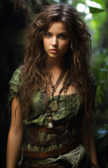 Beautiful girl traveler on the background of the green jungle.