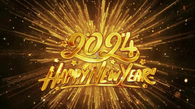New years eve 2024 with fireworks and glittering gold particles Background. Christmas creative decoration. Festive New Year celebration Eve Party, greeting card. Party. Event, Message, Holiday,
