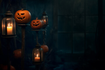 Halloween background with copy space. A dark room with a large window decorated with candles and jack-o-lanterns. Generative AI.