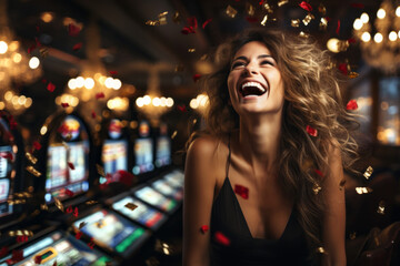 A woman celebrating her good luck in the casino winning the jackpot at the slot machines.