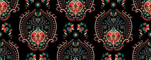 Colorful paisley seamless pattern. Indian design for textile, fabric, paper, web. Arabian ornamental wallpaper. Folk asian background. 