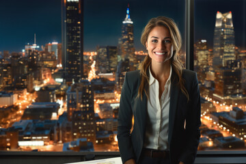 Portrait of a female CEO smiling a her office with an impressive view of a city skyline