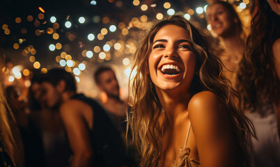 Group of happy friends having fun together  at night party - Happy young people having fun at nightclub.