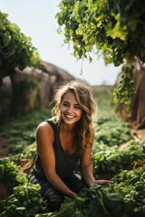 A smiling healthy woman growing her own vegetables in her organic garden.