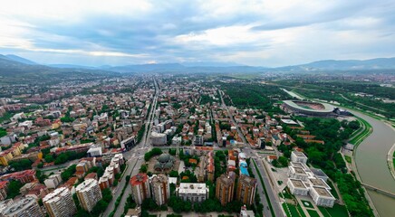 Expansive aerial shot of the bustling cityscape of Skopje in the Republic of Macedonia