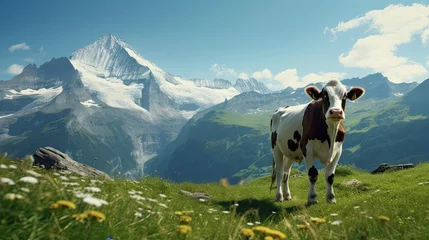 Door stickers Alps cow in the alps II background