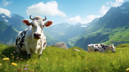 cow in the alps II background - obrazy, fototapety, plakaty