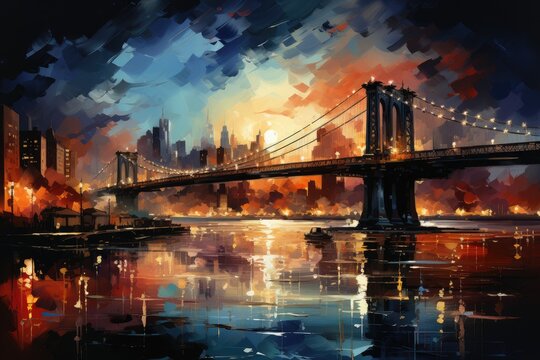 Watercolor evening sunset over the Brooklyn Bridge in New York. Urban landscape. Generative AI