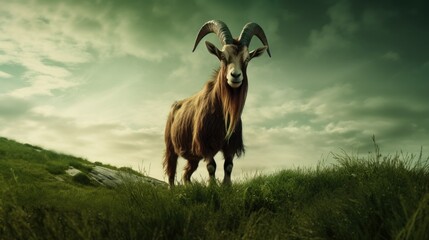 Naklejka na ściany i meble Goat walking on green filed