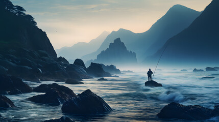 A photograph of a dedicated fisherman casting his line off a rocky coastline, with crashing waves and misty cliffs as the background 