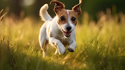 Jack Russell Terrier dog running on grass