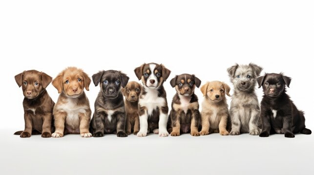 Large group of puppies on a white background
