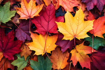 Naklejka na ściany i meble Maple leaf with water drops on the ground. Autumn background.