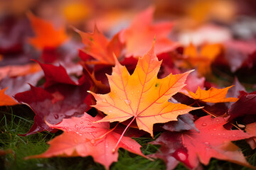 Naklejka na ściany i meble Autumn maple leaves background. Colorful autumn leaves background. Top view.