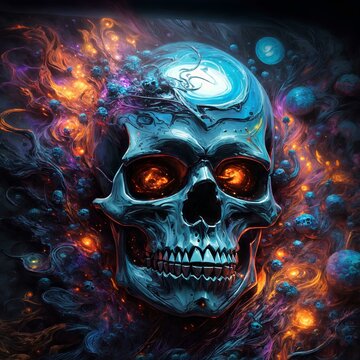 An illuminating skull art painting with beautiful details and a nebula-shaped background