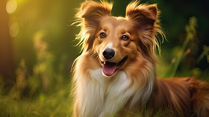 Portrait of a cute brown lassie dog with green grass