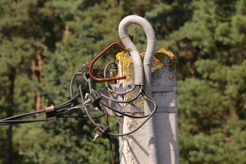 Utility Pole With Cables. Electricity. Concrete Pillar