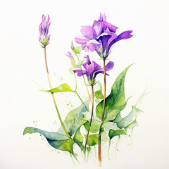 bouquet of flowers on white. watercolor drawing of bluebells, hand drawn illustration on white background