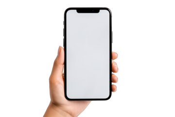 woman hand holding smartphone with white screen isolated on white background. Generative AI