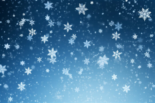 Many white snowflakes falling down on a dark blue background