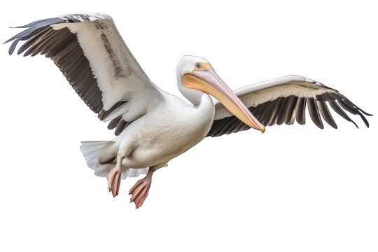 The great white pelican flying isolated on white background. Generative AI