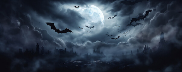 Full Moon, clouds and bats flying at night - obrazy, fototapety, plakaty