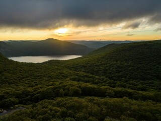 Aerial view over Storm King Mountain in upstate, New York during a golden sunrise