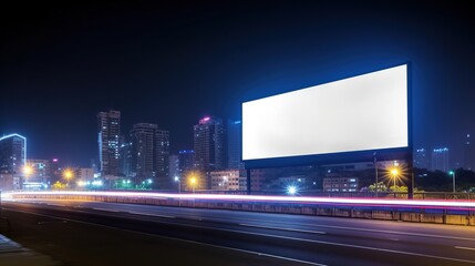 Glowing empty clean billboard with copy space near by car road in the big modern city at night. long exposure effect. Cityscape outdoor background.