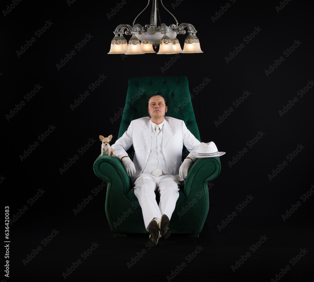 Sticker rich man in a white suit sits in a chair, black studio background