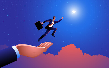 Reaching for the stars, this vector illustration features a giant hand assisting a businessman's leap to grasp the stars. A powerful symbol of ambition, support, and aspirations in the business realm