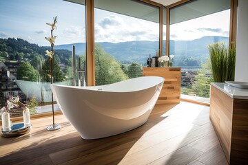 Modern bathroom interior with green plants, generative ai image of comfortable and luxury bathroom
