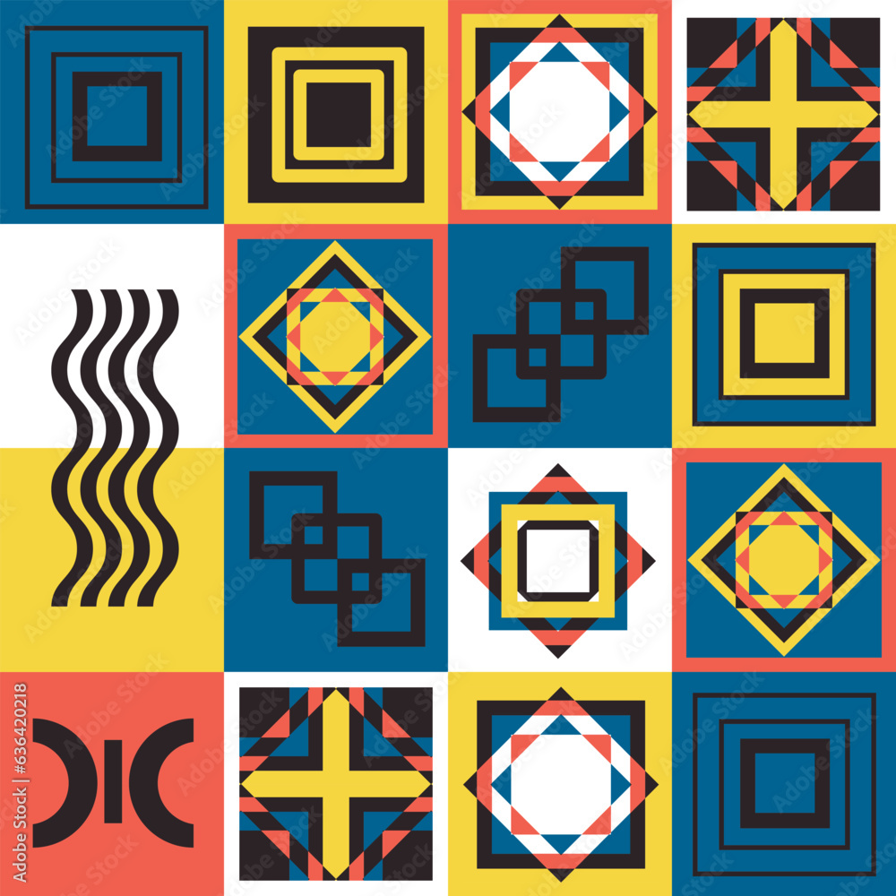 Poster seamless pattern with complex and simple geometric shapes and bauhaus style elements. set of signs, 