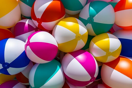 Top view of a vibrant arrangement of colorful beach balls