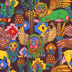 Vivid colorful lions tropical seamless pattern,  with pineapple, palm tree