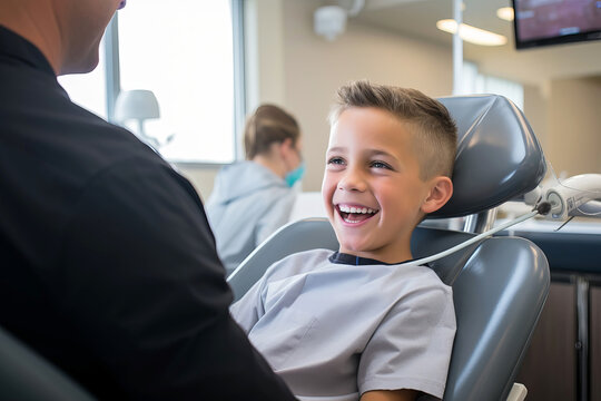Cute smiling boy visits the dentist for check-up and treatment of teeth.