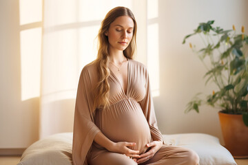 Young pregnant woman sitting and meditating at home.