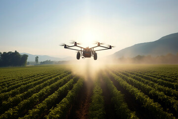 Fototapeta na wymiar Generative Ai illustration of Drone flying and spraying crop fields with ecological and sustainable pesticides