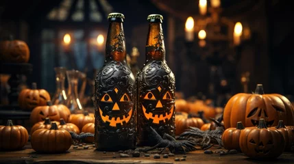 Fotobehang brews of the bewitched night: fresh beer bottles adorned with halloween symbols, nestled among plastic skulls, festive decorations, and the glow of carved pumpkins. Ai Generated © The Strange Binder