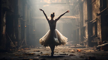 a ballerina practicing her dance routine in an old warehouse, with rustic and decaying walls as the background