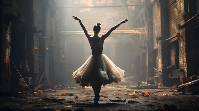 a ballerina practicing her dance routine in an old warehouse, with rustic and decaying walls as the background 