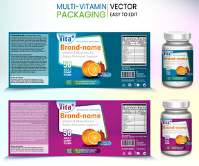 Multivitamin Label, Vita Plus, Vitamin pack, Supplement labels, Vector bottle, Bottle label, Nutrition Supplement Label, Packaging template design, free vector label, Medicine pack - obrazy, fototapety, plakaty