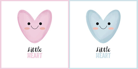 Cute nursery wall art set. Lovely pink and blue heart on a white background. Little heart beauty lettering. Vector Illustrations.