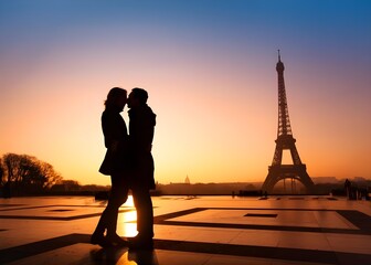 couple kissing  at sunset