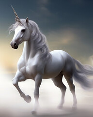 White Unicorn Full Body Standing Portrait with Clouds, Isolated Mythical Illustration