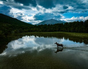Scenic view of a moose standing in a lake surrounded by green forest on a cloudy day