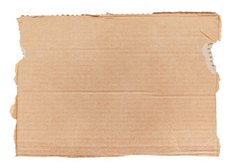 A piece of textured packaging cardboard. Piece of torn cardboard with copy space. Brown wrapping vintage paper, isolated top view. Kraft paper isolated on white background