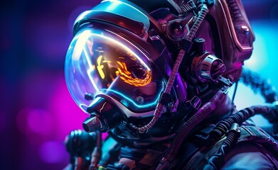 Astronaut, virant bright neon colors, bioluminescent. Colorfull bright surface with space background.