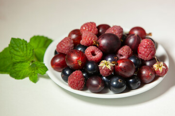 Raspberry, black currant and gooseberry. Assorted berries and sprig of mint. Ingredients for baking or soft drink.