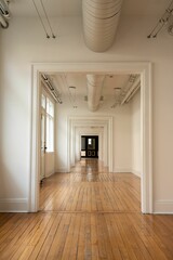 Modern hallway with a white-painted wall and wood-effect flooring