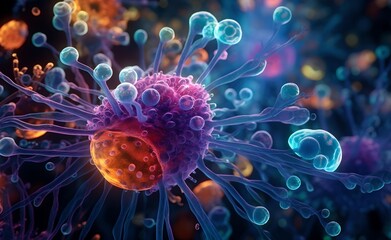 Obraz premium Cellular therapy and regeneration, microscopic view of body cells, vibrant bright neon colors.